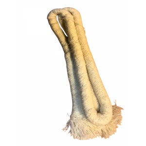 May include: A long, thick, off-white braided cotton rope folded into a loop. The rope features a textured, twisted fiber construction with frayed, loose ends at the bottom, showing a natural, unbleached appearance and a sturdy, heavy-duty design.