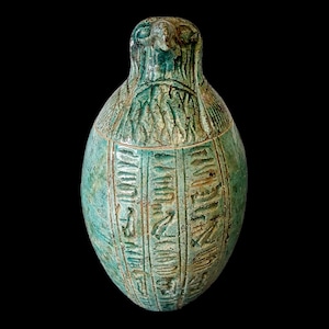 Antique Egyptian Carved Glazed Stone Canopic Jar ~Ancient Egypt Qebehsenuef
