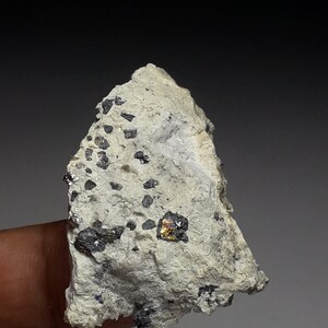 Puede incluir: Primer plano de una roca blanca rugosa con cristales negros y dorados incrustados. La roca está siendo sostenida por un dedo.