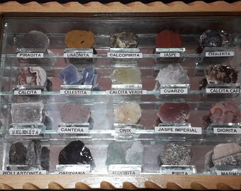 MINERAL COLLECTION from MEXICO, Handmade wood display, 20 mixed minerals.