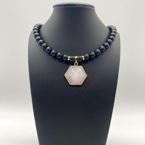 Matte Onyx Beaded Necklace for Women with Rose Quartz Pendant Capricorn Necklace Gemstone Necklace Black Onyx Necklace 8mm Onyx Necklace