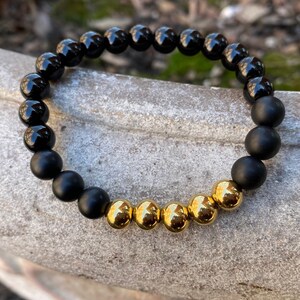 Onyx Bracelet Gold Healing Bracelet Gold Stainless Steel Beads Gold and Black Bracelet Men Beaded Bracelet Women Beaded Stretch Bracelet 8mm