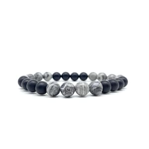 Natural Map Gemstones with Black Matte Onyx Bracelet Men Beaded Bracelet Women Beaded Bracelet Black Strong Stretch Bracelet 8mm