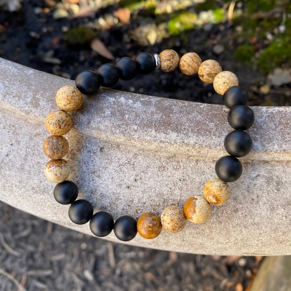 Picture Jasper with Matte Onyx Bead Bracelet Meditation Bracelet Grounding Stone Bracelet Earthly Bracelet Picture Jasper Bead Bracelet 8mm