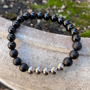 Onyx Bracelet Silver Healing Bracelet Matte Onyx Bracelet Men Onyx Bracelet Women Onyx and Stainless Steel Bracelet Stretch Bracelet 8mm