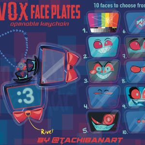 Może przedstawiać: Niebiesko-czerwony brelok z napisem "VOX FACE PLATES" i "openable keychain". Brelok ma ekran z numerem 3 i czerwoną kokardą. Obrazek pokazuje również 10 różnych twarzy do wyboru.