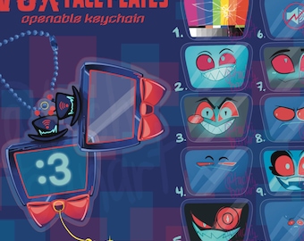 May include: A blue and red keychain with the text "VOX FACE PLATES" and "openable keychain". The keychain has a screen with the number 3 and a red bow. The image also shows 10 different faces to choose from.