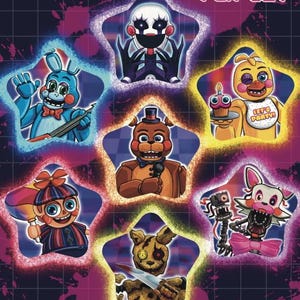May include: FNAF 2 Button Pin Set featuring colorful illustrations of characters from the Five Nights at Freddy's video game series. Each character is set within a star-shaped frame with a neon outline, set against a dark purple background.