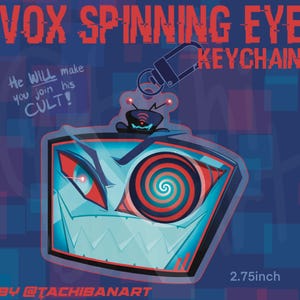 Op de afbeelding: Blauw en rode Vox Spinning Eye sleutelhanger met een spiraalvormig oogontwerp en de tekst "He WILL make you join his CULT!". De sleutelhanger is 7 cm groot en heeft een metalen sluiting.