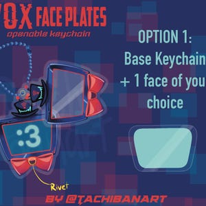 May include: A graphic illustration of VOX Face Plates, openable keychains. The design features a blue and red color scheme with a bow and the number 3. The text reads "OPTION 1: Base Keychain + 1 face of your choice."