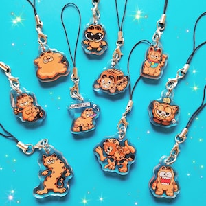 Könnte beinhalten: Ein Set mit zehn Garfield-Handy-Anhängern, die verschiedene Posen und Ausdrücke der legendären orangefarbenen Katze zeigen. Die Anhänger sind aus klarem Acryl und haben eine schwarze Schnur.