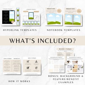 May include: A digital product mockup showing templates for linked pages, notebooks, how-it-works guides, and background examples. The templates feature a green and blue landscape design with a white cloud.