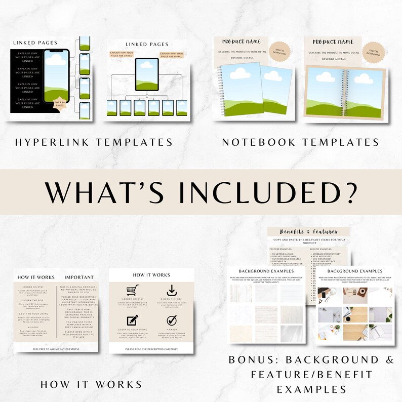 May include: A digital product mockup showing templates for linked pages, notebooks, how-it-works guides, and background examples. The templates feature a green and blue landscape design with a white cloud.