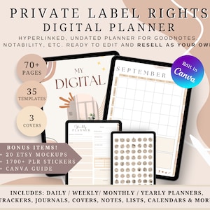 May include: A digital planner with a beige and brown colour scheme. The planner includes 70+ pages, 35 templates, and 3 covers. It also includes 20 Etsy mockups, 1700+ PLR stickers, and a Canva guide. The text "My Digital" is featured on the cover of the planner. The text "Edit in Canva" is featured in a purple and blue circle.