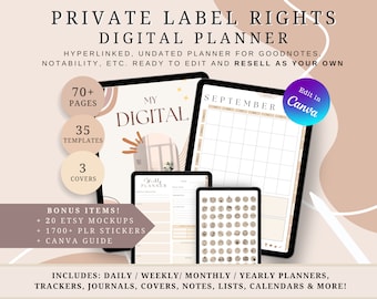 Planner digitale PLR, uso commerciale, modificabile con Canva, con collegamento ipertestuale, download immediato, modelli giornalieri, settimanali e mensili personalizzabili