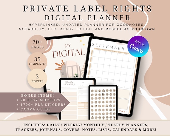 PLR Digital Planner, Commercial Use, Canva Editable, Hyperlinked, Instant download, Customisable daily, weekly, monthly templates