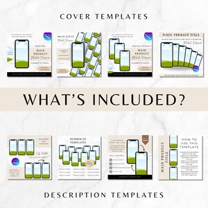 Puede incluir: Un conjunto de plantillas de portada de productos digitales que presentan un paisaje verde con un cielo azul y nubes blancas. Las plantillas est&aacute;n dise&ntilde;adas para su uso en plataformas de redes sociales como Instagram y Pinterest. El texto en las plantillas incluye "Producto digital", "Producto principal", "Versi&oacute;n m&oacute;vil", "N&uacute;mero de p&aacute;ginas", "Descarga instant&aacute;nea", "T&iacute;tulo principal", "Caracter&iacute;stica clave" y "Personalizar como quieras".