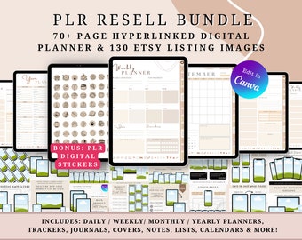PLR Resell Digital Planner & 130 Etsy Listing Mockup Bundle, Canva Template PDF, Commercial use, Private Label Rights, Sell on Etsy