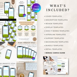 Puede incluir: Una plantilla de listado de productos digital para vendedores de Etsy. La plantilla presenta un dise&ntilde;o de paisaje verde y azul con una nube blanca. El texto "What's Included?" se muestra en negro. La plantilla incluye plantillas de portada, descripci&oacute;n, rese&ntilde;a, visualizaci&oacute;n, c&oacute;mo funciona, hiperv&iacute;nculo, soporte, fondo, paquete, detalle y una gu&iacute;a de Canva.