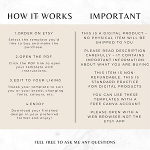 May include: How it works and important information for using a digital product. The text explains that the product is a digital download and not a physical item. It also explains that the product is non-refundable and that it can be used with a free Canva account. The text also states that the product should be opened in a web browser and not the Etsy app.