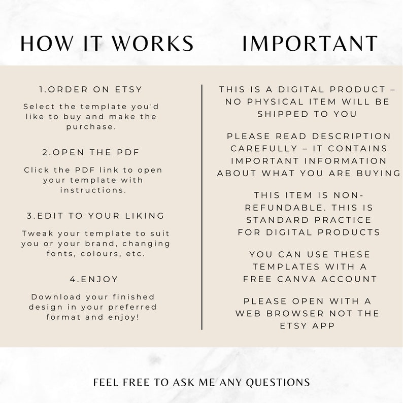 May include: How it works and important information for using a digital product. The text explains that the product is a digital download and not a physical item. It also explains that the product is non-refundable and that it can be used with a free Canva account. The text also states that the product should be opened in a web browser and not the Etsy app.