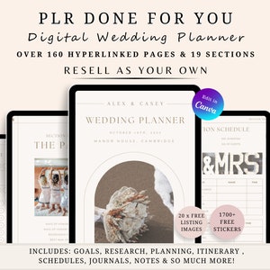 Puede incluir: Una plantilla de planificador de bodas digital con más de 160 páginas hipervinculadas y 19 secciones. La plantilla está diseñada para ser revendida como propia. La página de portada presenta un diseño floral y el texto "Alex & Casey Wedding Planner October 18th, 2024 Manor House, Cambridge".