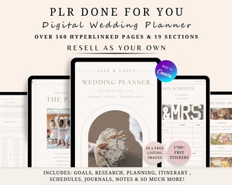 PLR Digital Wedding Planner – Canva template with hyperlinked pages, including research, budget, checklists, & calendars, resell rights