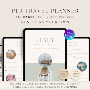 Peut inclure: Un modèle de planificateur numérique pour un voyage en Italie. Le planificateur comprend des sections pour les objectifs, la recherche, la planification, l'itinéraire, les horaires, les journaux et les notes. Le modèle est entièrement hyperlié et peut être édité dans Canva. L'image montre un exemple de page avec un horaire pour une excursion d'une journée à Herculanum.