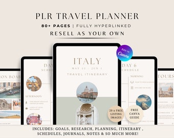 May include: A digital planner template for travel to Italy. The planner includes sections for goals, research, planning, itinerary, schedules, journals, and notes. The template is fully hyperlinked and can be edited in Canva. The image shows a sample page with a schedule for a day trip to Herculaneum.