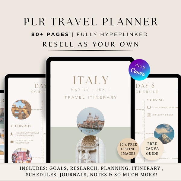 PLR Digital Travel Planner for Resell, 80+ Hyperlinked Pages, Weekly & Daily Schedules, Itinerary, Journals, Lists, Tablet Canva Template