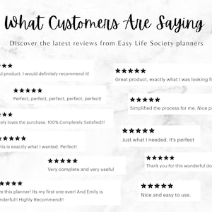 Pu&ograve; includere: Un collage di recensioni dei clienti per i planner Easy Life Society. Le recensioni sono tutte positive e mettono in evidenza la qualit&agrave; e l'utilit&agrave; dei planner. Le recensioni includono frasi come "Prodotto bellissimo", "Perfetto", "Ha semplificato il processo", "Esattamente quello che mi serviva", "Molto completo e molto utile", "Adoro questo planner" e "Bello e facile da usare".