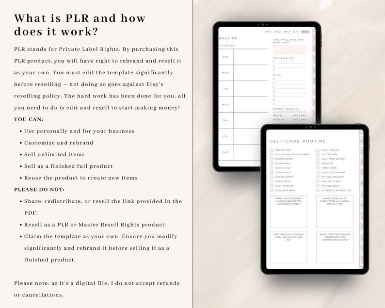 Pu&ograve; includere: Un planner digitale con un programma settimanale e un elenco di controllo per la routine di cura personale. Il planner include sezioni per i compiti quotidiani, le priorit&agrave; principali e un controllo settimanale. L'elenco di controllo per la routine di cura personale include elementi come "fare un bagno lungo", "leggere un libro" e "trascorrere del tempo nella natura".
