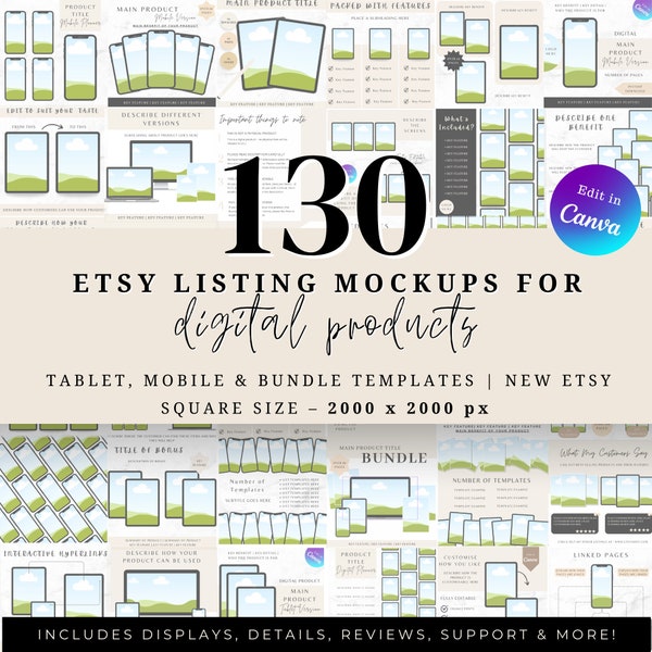 130 Etsy Listing Mockup Templates, Digital Product Mockups, Canva Listing Templates, Sell on Etsy, Digital Planner Mockup, New Sizing