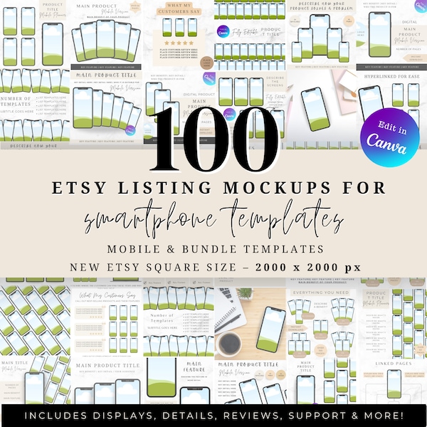 100 Smartphone Canva Mockup Templates, Etsy Listing Mockups for Digital Products, Iphone Template Bundle, Phone Screen Mockups, Sell on Etsy