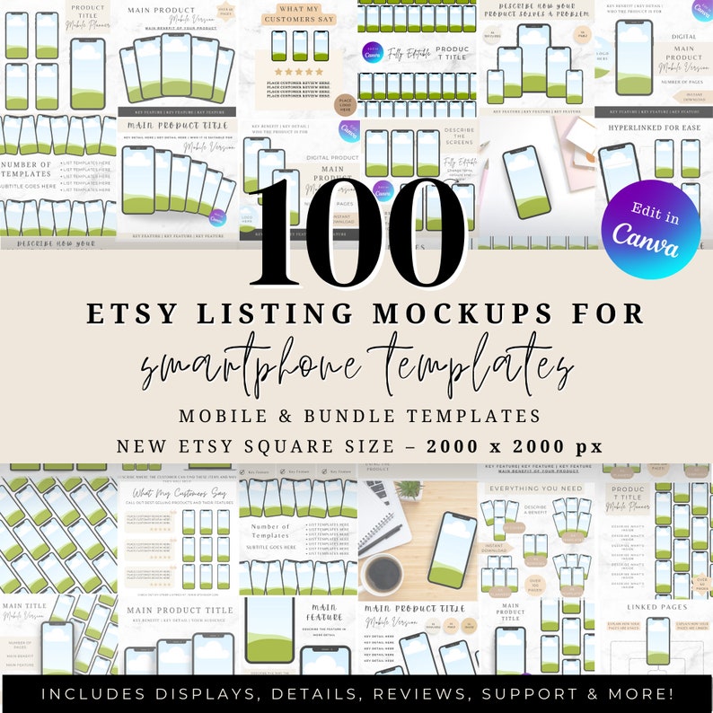 Puede incluir: 100 maquetas de listado de Etsy para plantillas de tel&eacute;fonos inteligentes. Las maquetas presentan una variedad de dise&ntilde;os, que incluyen un paisaje verde, una nube blanca y un fondo de m&aacute;rmol gris. Las maquetas son todas de 2000 x 2000 p&iacute;xeles e incluyen pantallas, detalles, rese&ntilde;as y asistencia.
