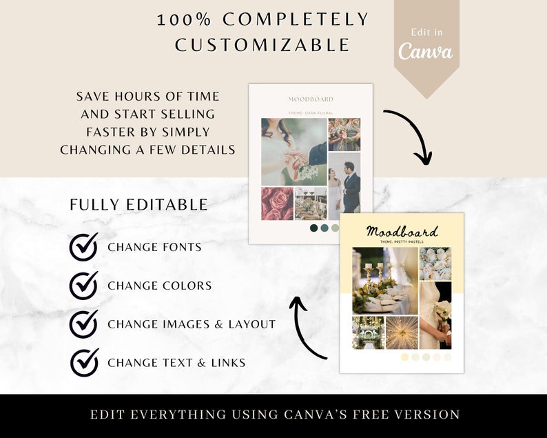 May include: A digital mood board template for wedding planning with a dark floral theme and a light pastel theme. The template is fully editable and can be customized with different fonts, colors, images, and text. The template is designed to be used with Canva's free version.