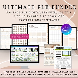 PLR Resell Bundle, Commercial Use Digital Planner, 130 Etsy Listing Mockups & Digital Download Instructions – Canva templates, Sell on Etsy!