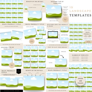 May include: A set of 19 landscape templates featuring a green hill and blue sky with white clouds. The templates are designed for use with a main product title, key features, and details about the product. The templates are printable and come with over 100 pages.