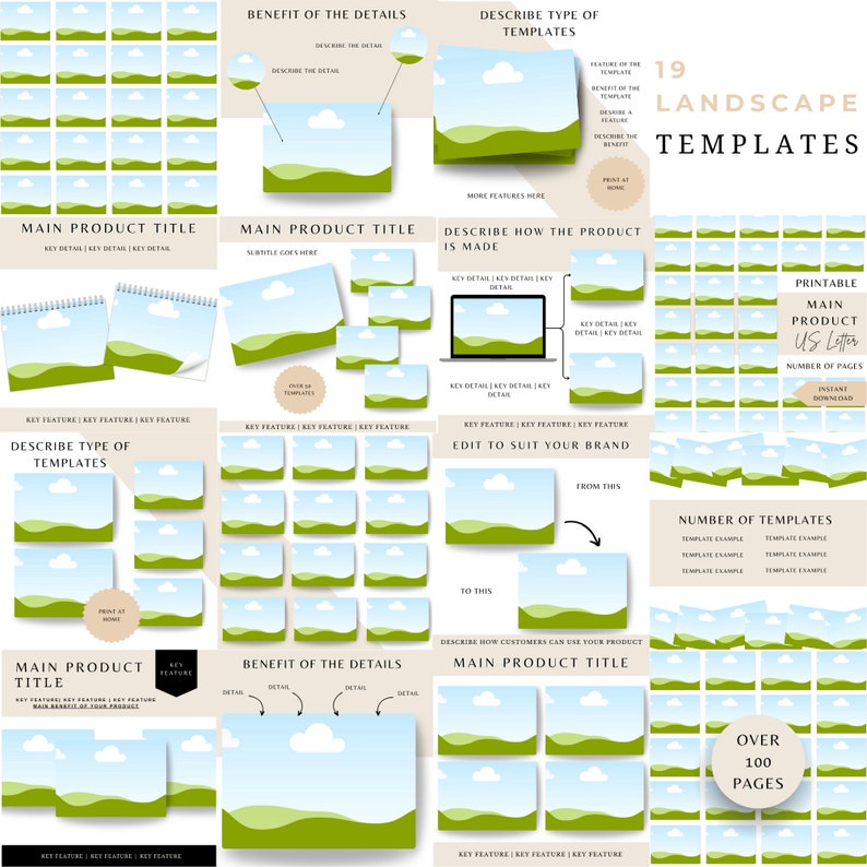 May include: A set of 19 landscape templates featuring a green hill and blue sky with white clouds. The templates are designed for use with a main product title, key features, and details about the product. The templates are printable and come with over 100 pages.