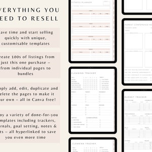 Pu&ograve; includere: Uno schermo digitale che mostra una raccolta di modelli di pianificatore stampabili. I modelli includono un pianificatore di fitness, un tracker di pulizia, note per la conferenza dei genitori e un tracker di budget. Il testo "Tutto ci&ograve; di cui hai bisogno per rivendere" viene visualizzato nella parte superiore dello schermo.