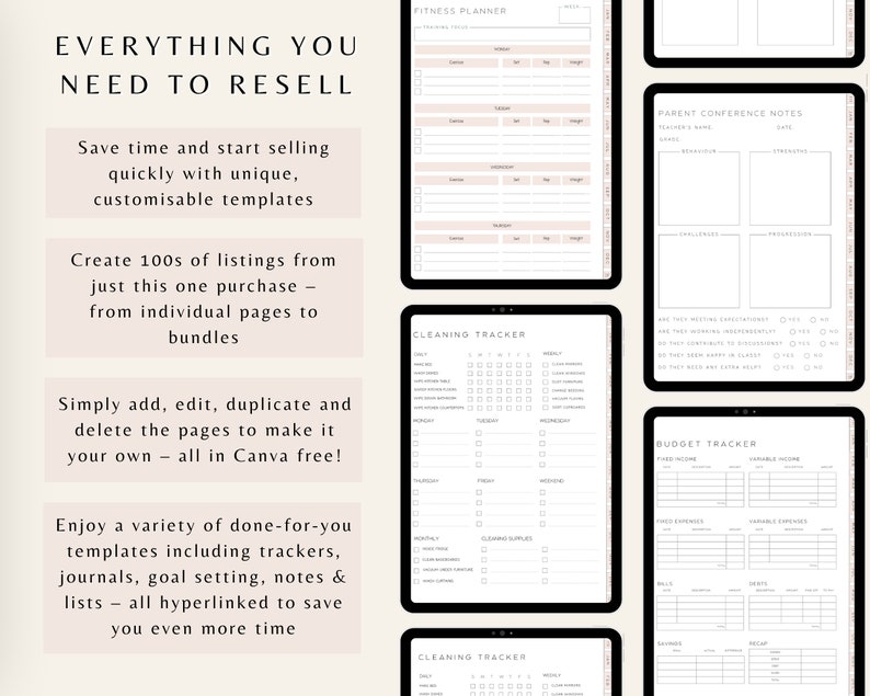 Pu&ograve; includere: Uno schermo digitale che mostra una raccolta di modelli di pianificatore stampabili. I modelli includono un pianificatore di fitness, un tracker di pulizia, note per la conferenza dei genitori e un tracker di budget. Il testo "Tutto ci&ograve; di cui hai bisogno per rivendere" viene visualizzato nella parte superiore dello schermo.