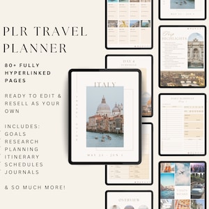 Può includere: Un planner digitale per la pianificazione di viaggi con oltre 80 pagine ipercollegate. Il planner include sezioni per obiettivi, ricerche, pianificazione, itinerario, orari e diari. L'immagine di copertina mostra una vista di Venezia, Italia.