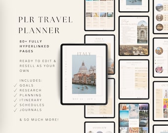 PLR Digital Travel Planner, Resell Rights, 80+ Hyperlinked Pages, Weekly & Daily Schedules, Itinerary, Journals, Lists, Canva Template