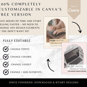 May include: A pink and white graphic with an arch shape and text that reads "650 Digital Product Ideas for Making Passive Income". The graphic is on a marble background with a laptop computer in the center.