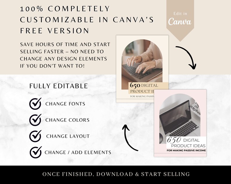 May include: A pink and white graphic with an arch shape and text that reads "650 Digital Product Ideas for Making Passive Income". The graphic is on a marble background with a laptop computer in the center.