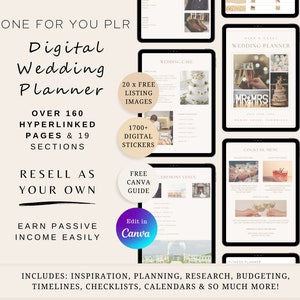 May include: A digital wedding planner with over 160 hyperlinked pages and 19 sections. The planner includes free listing images, digital stickers, and a Canva guide. The text "Resell as your own" and "Earn passive income easily" is displayed on the image. The planner includes inspiration, planning, research, budgeting, timelines, checklists, calendars, and more.