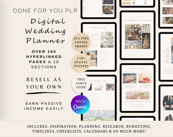 PLR Resell Digital Wedding Planner, hyperlinked pages, Canva template with research, budget, checklists, & calendars, instant download, ipad