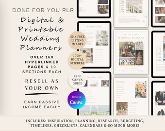 PLR Resell Digital & Printable Wedding Planner Bundle, edit in Canva, research, budget, checklists, calendar templates, commercial use, ipad