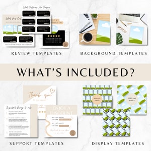 May include: A digital download of templates for Etsy shop owners. The templates include review templates, background templates, support templates, and display templates. The templates are designed in a modern, minimalist style with a beige and green color scheme.