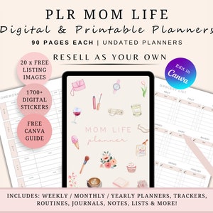 Puede incluir: Un planificador digital para mamás con un esquema de color rosa y blanco. El planificador incluye 90 páginas, 20 imágenes de listado gratuitas, más de 1700 pegatinas digitales y una guía gratuita de Canva. El planificador es editable en Canva e incluye planificadores semanales, mensuales y anuales, rastreadores, rutinas, diarios, notas, listas y más.